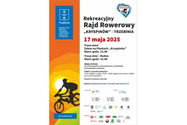 Plakat. Z lewej strony rysunkowa grafika przedstawiająca rowerzyste, w tle zachodzące słońce. Z prawej strony pola tekstowe z treścią i kilkadziesiąd małych logotypów organziatorów i partnerów.