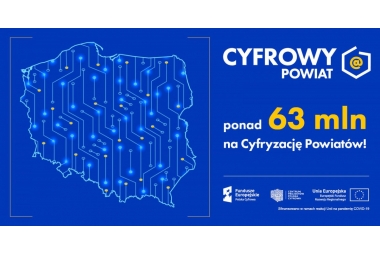 baner niebieski z mapą polski cyfrowy powiat ponad 63 mln na cyfryzację powiatów 