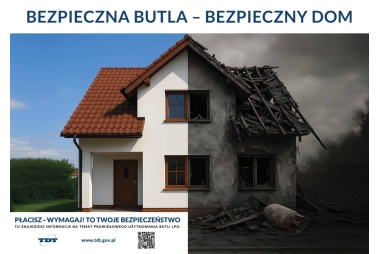 Grafika przedstawiająca dom. Z lewej strony jest normalny, zadbany dom, a z prawej strony zniszczony przez wybuch butli z gazem. 