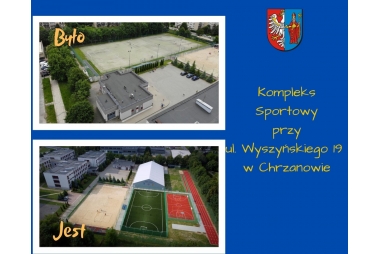 grafika przedstawia 2 zdjecia jak obiekt wyglądął przed inwestycją i po przed samo boisko trawiaste, po kompelsk boisk z zadaszonym lodowiskiem