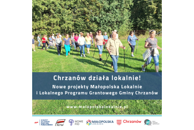 Grafika. Zdjęcie kilkudziesięciu osób z kijami do nordic walking. Poniżej zdjęcia pole tekstowe z treścią, a samym dole logotypy.