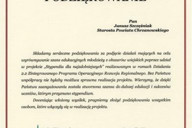Podziękowanie za program stypendialny
