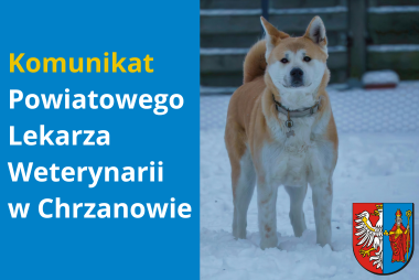 Grafika. Z lewej strony pole tekstowe, z prawej strony zdjęcie psa. W prawym dolnym roku herb powiatu. 