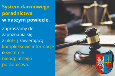 Grafika. Z prawej strony zdjęcie przedstawiające sale sądową. W dolnym rogu herb powiatu. Z lewej strony jest pole tekstowe z treścią.