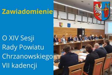 Grafika. Z prawej strony zdjęcie radnych podczas sesji. W górnym rogu herb powiatu. Z lewej strony pola tekstowe z treścią.