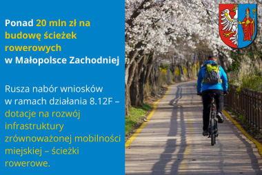 Grafika. Z prawej strony zdjęcie rowerzysty na ścieżce rowerowej w otoczeniu kwitnących drzew. W górym rogu herb powiatu. Z lewej strony pola tekstowe z treścią.