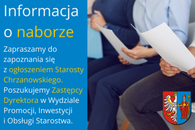 Grafika. Z lewej strony pola tekstowe. Z prawej strony zdjęcie kilku osób, które siedzą na kszesłach, a w rękach trzymają kartki papieru.
