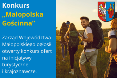 Grafika. Z prawej strony zdjęcie 5 turystów na polu. Idą w strone zachodzącego słońca. Na plecach mają plecaki. W górnym rogu jest herb powiatu chrzanowskiego. Z lewej strony pole tekstowe. 