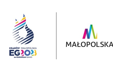 Logo Małopolski oraz Igrzysk Europejskich w kolorach: granatowym , niebieskim, żółtym, zielonym , różowym.
