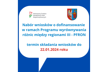 logo pfron herb powiatu granatowe tło nabór wniosków napis na białym polu 