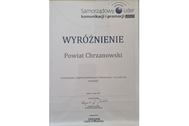 Dyplom z napisem Wyróżnienie Powiat Chrzanowski 