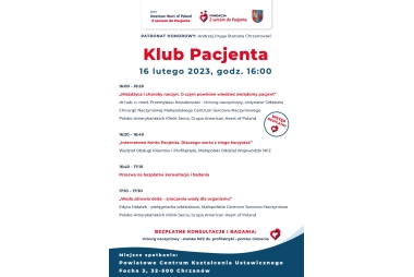 Plakat w kolorze białym, u góry niebieskie pasy, przedstawia harmonogram prelekcji