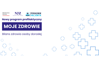 Na biały tle niebieski krzyzyki i napisy, logo NF, Misterstwa Zdrowia 