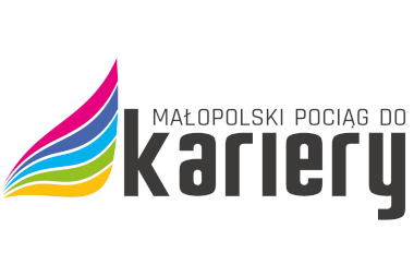 logo małopolski pociąg do kariery - białe tło czarny napis, po lewej stronie paski ułożone w kształcie skrzyfła rózowy, fioletowy, niebieski, zielony zółty  