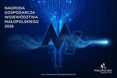 Na ciemnoniebieskim tle widoczny jest stylizowany, świetlisty motyw technologiczny oraz duży znak MZ na środku. Po lewej stronie znajduje się napis Nagroda Gospodarcza Województwa Małopolskiego 2026, a w prawym dolnym rogu logo Małopolska Innowacyjna