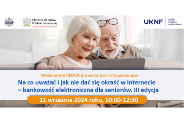 Zdjęcie kobiety i mężczyzny w wieku emeytalnym oraz napisy w kolorze białym, niebieskim, czarnym i pomarańczowym.