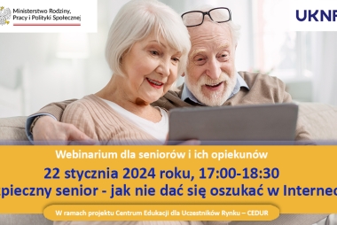 plakat zdjęcie 2 seniorów, informacja o webinarze 22 stycznia 2024 17:00-18:30 bezpieczny senior jak nie dać oszukać się w internecie