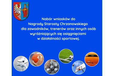 baner niebieski napis Nagrody Starosty dla najlepszych sportowcówna dole kółka w nic zdjęcia łyżew, piłki ręcznej, do koszykówki, p.nożnej bouli, rakiety do tenisa