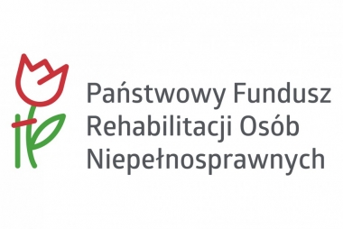 logo PFRON czerwony tulipan z zielonymi nóżkami napis Państwowy Fundusz Rehabilitacji Osób Niepełnosprawnych