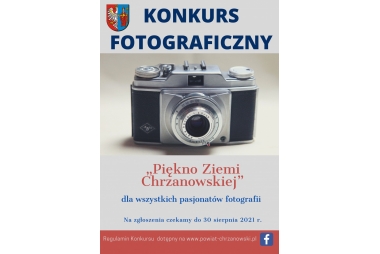 Plakat z herbem powiatu chrzanowskiego oraz ze zdjęciem aparatu fotograficznego 