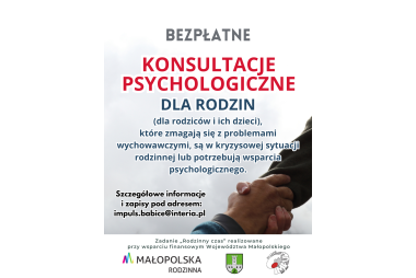plakat informujący o konsultacjach psychologicznych, jasne tło czarne i czerwone napisy - treść jak w poscie, w lewym dolnym rogu trzymajace się ręce