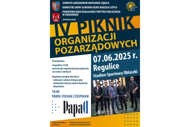 Plakat. Na górze 3 logotypy orgnizatorów. W wielu miejscach wiele pól tekstowych z treścią. W prawym dolnym rogu zdjęcie 5 osobowego zespołu.