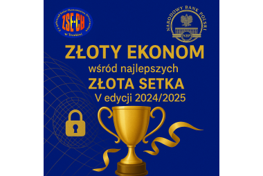 Grafika. Na dole duży, złoty puchar. Na górze 2 logo typy. W środku pola tekstowe z treścią. 