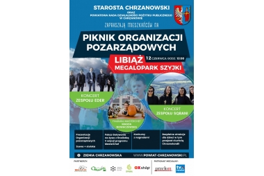 plakat niebieski w tle dzieci z kolorowymi balonami, napis piknik organizacji pozarządowych megalopark szyjki w Libiażu zdj. zespołu eder 5 chłopaków w ciemnych sodniach i koszulach, zdj. zespołu squbani 4 xcłopaków w czarnych bluzach z kapturem 