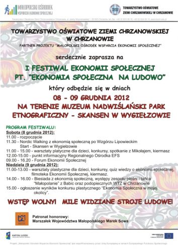 Zapraszamy na I Festiwal Ekonomii Społecznej pn. " Ekonomia Społeczna na Ludowo"