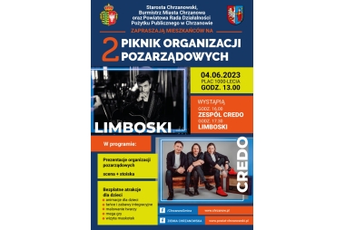 PLAKAT INFORMUJACY O 2 PIKNIKU ORGANIZACJI POZARZĄDOWYCH GRANATŁOWE TŁO CZARNO BIAŁE ZDJECIE LIBOSKIEGO, KOLOROWE ZDJECIE CREGO, KOLOROWE PROSTOKATY  4 CZERWCA START GODZ. 13, PLAC TYSIACLECIA CHRZANÓW, PREZENTACJE ORG. POZARZĄDOWYCH, ANIMACJE DLA DZIECI