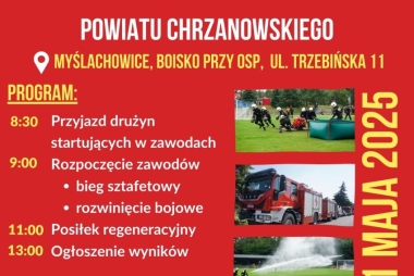 Plakat.  Na górze logotypy organziatorów. Z prawej strony 3 zdjęcia ze sprzętem strażackim. W pozostałych miejscach pola tekstowe z informacją. 