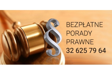 bannerek w kolorze jasny braz z informacją bezpłatne porady prawne 326257964 na obrazku symbola paragrafu w kolorze srebrnym oraz  młotek sędziowski w kolorze złotym