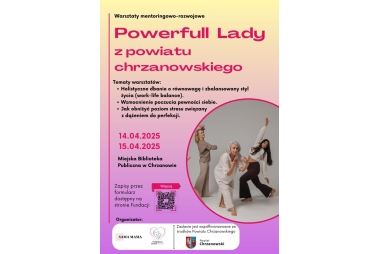 Plakat. W prawym dolnym rogu znajduje się zdjęcie 3 kobiet tańczących. Reszte miejsca zapełniają pola tekstowe z treścią i logotypami.
