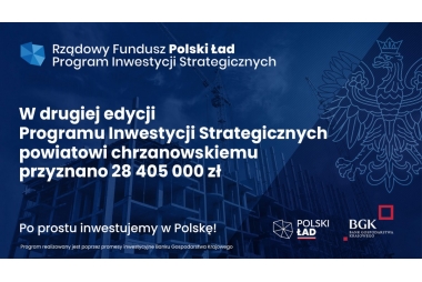 granatowy baner biały napis w 2 edycji programu inwestycji strategicznych pow. chrzanowskiwmu przyznano 28405 000. logo polski ład kontur pl, napis bgk(bank gosp krajowego)po lewej str kontur orła, w tle widok na blok w budowie