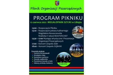 ciemnogranatowy plakat z programem pikniku białe napisy u góry sielony pasek z napisem granatowym piknik organizacji pozarządowych 3 kółka ze zdjęciami magdy nowaczewskiej pozujacej z dynią, zespołu eder  w plenerze oraz zespołusqbani na tle gór
