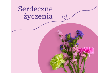 Różowa kartka z kwiatami i napisem: serdeczbe życzenia 