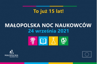 Plakat z napisem Małopolska Noc Naukowców 