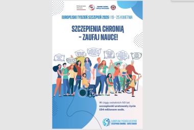 Ulotka dotycząca szczepień przedstawia kobiety, mężczyzn, dzieci, seniorów