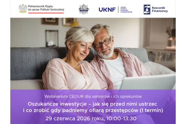 Grafika. Na niej zdjęcie pary seniorów patrzących na laptop. Nad zdjęciem logotypy. Pod zdjęciem pole tekstowe z treścią. 