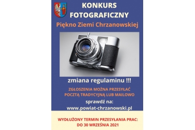 plakat w kolorze jeans na srodku aparat foro napis zmiana regulaminu konkursu fotograficznego piękno ziemi chrzanowskiej, wydłużony termin składania prac do 30.09.2021, zgłoszenia można przesy łać pocztą lub mailowo