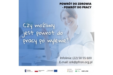 błękitne tło biały napis czy mozliwy jest powrót do pracy po wylewie? , w górnym rogu czarny napis powrót do zdrowia powrót do pracy w tle młoda dziewczyna ciemne włosy w błękitnej koszuli siedzi przed biurkiem