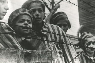 zdjecie przedstawiące dzieci w pasiakach za drutem kolczastym Auschwitz.