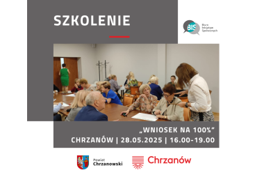 Grafika. Na górze nagłówek oraz logotyp. W środku zdjęcie kilkunastu osób siedzacych przy kilku stołach. Na dole pole tekstowe z treścią i 2 logotypy. 