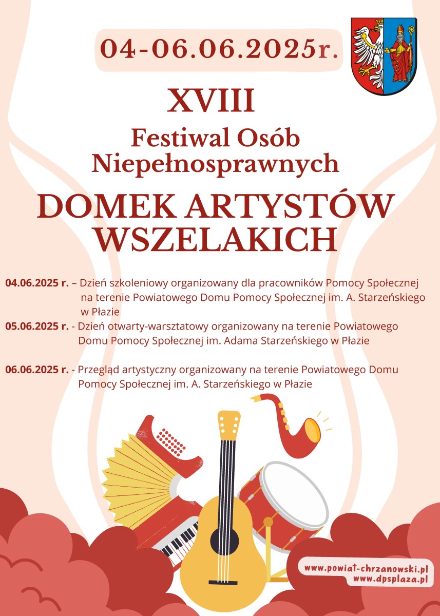 Plakat. Na górze herb powiatu, data wydarzenia i jego nazwa. Na środku informacje szczegółowe. Na dole grafika z instrumentami oraz adres www 2 stron internetowych.