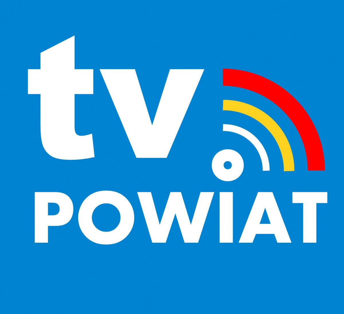 Na niebieskim tle biały napis TV POWIAT oraz żółta i czerwona kreska