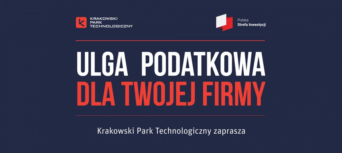 granatowy baner u góry czerwone logo KPT(granatowe k w czerwonym kwadracie) oraz logo na wzór flagi pl polska strefa inwestycji biały i czerwony napis ulga podatkowa dla Twojej firmy , krakowski park technologiczny 