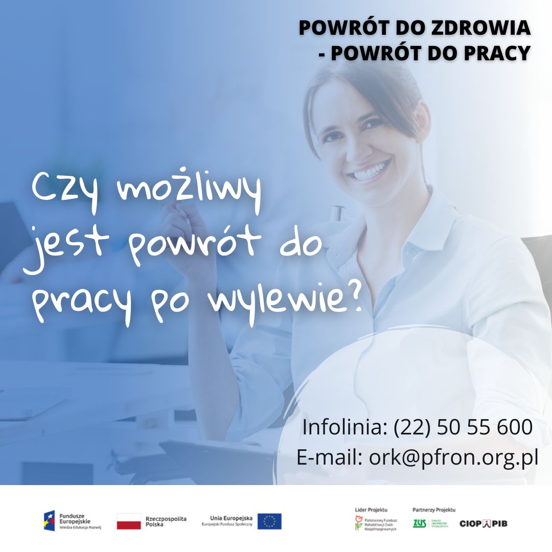 błękitne tło biały napis czy mozliwy jest powrót do pracy po wylewie? , w górnym rogu czarny napis powrót do zdrowia powrót do pracy w tle młoda dziewczyna ciemne włosy w błękitnej koszuli siedzi przed biurkiem