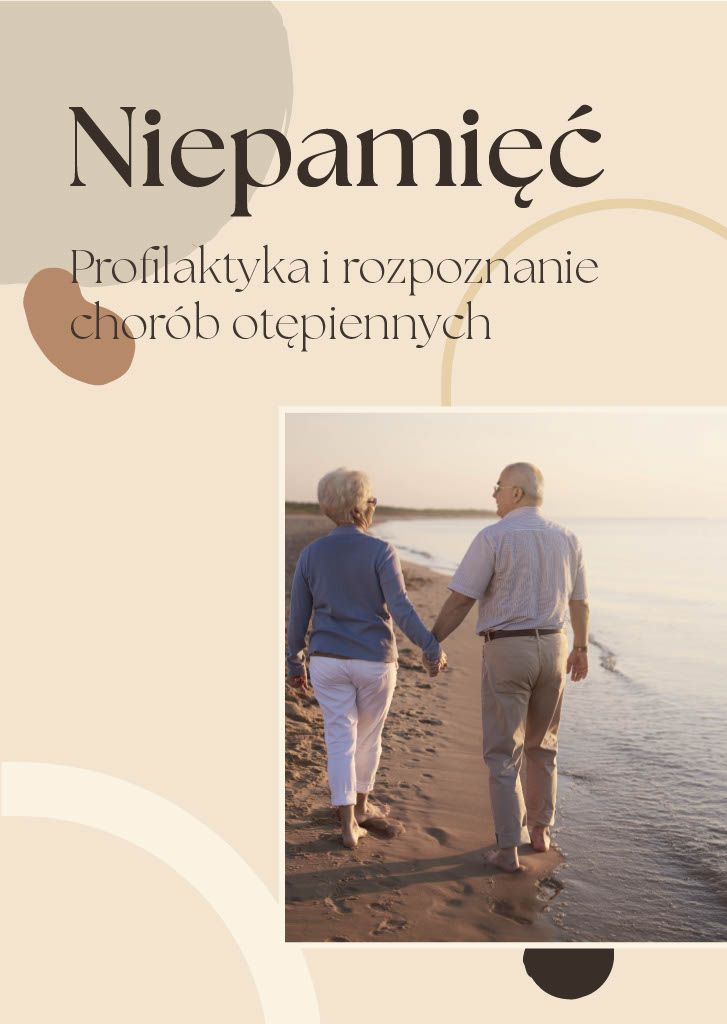 Plakat ze zdjęciem. Na zdjęciu para starszych osób trzymających się za rękę na plaży. 
