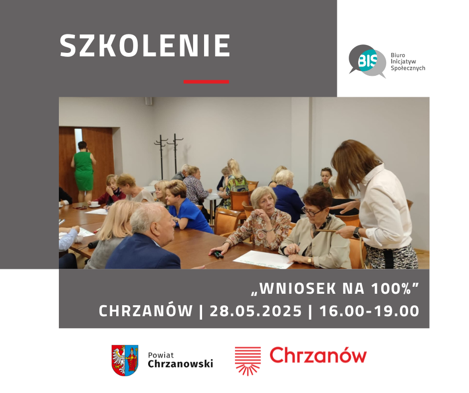Grafika. Na górze nagłówek oraz logotyp. W środku zdjęcie kilkunastu osób siedzacych przy kilku stołach. Na dole pole tekstowe z treścią i 2 logotypy. 