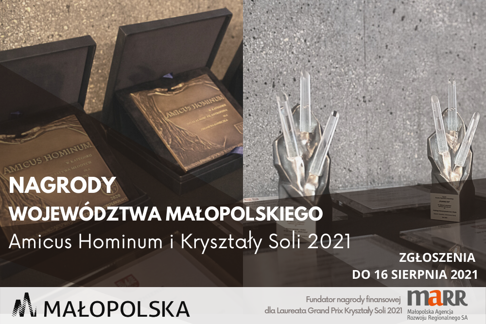 Plakat z przestawiający nagrdy w posaci pamiątkowych tabliczech oraz kryształow soli